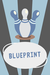 Conceptual hand writing showing Blueprint. Business photo showcasing design plan or other technical drawing by engineers for site Bowling Pins standing same spot fall above Blank Oval form