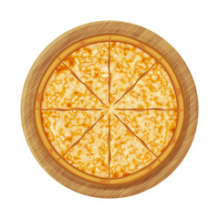 Cheese pizza on wood plate. Object for packaging, advertisements, menu. Isolated on white. Vector illustration. Cartoon.