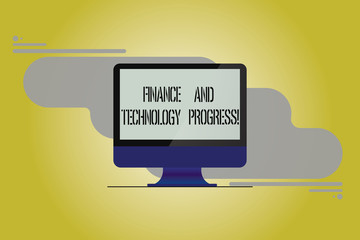 Conceptual hand writing showing Finance And Technology Progress. Business photo showcasing Financial analysisagement business strategies Mounted Computer Monitor Blank Screen on Abstract Background