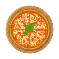 Margherita pizza with tomatoes on wood plate. Object for packaging, advertisements, menu. Isolated on white. Vector illustration. Cartoon.