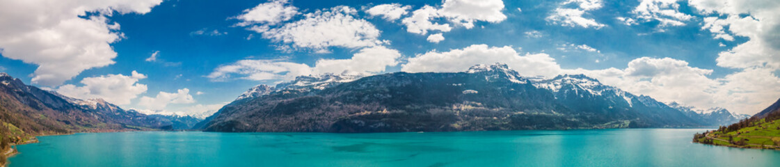 Lake Brienz by Interlaken with the Swiss Alps covered by snow in the background, Switzerland, Europe