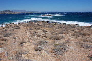 Stormy seas at the Hamolia beach near the city of Athens. Vravrona region, Attica, Greece.