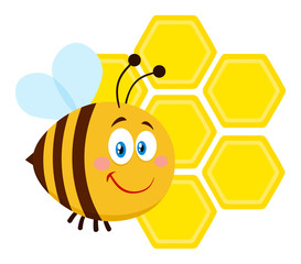 Smiling Bee Cartoon Character Bee Flying In Front Of A Honeycombs. Vector Illustration Flat Isolated On Transparent Background