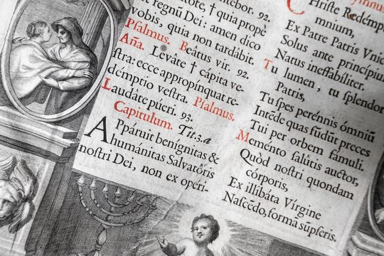Extremely Old Latin Text Black White Vintage BIble Background Red Highlights