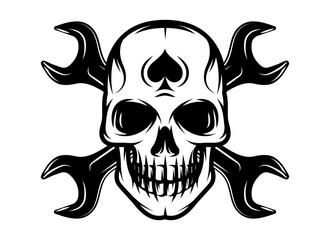vector monochrome image on motorcycle theme with skull, wings, engine
