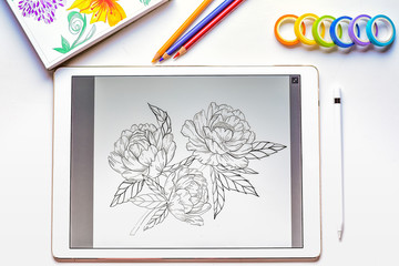 Digital Sketch of a flower made on a tablet in a workshop