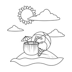 Summer and beach cartoons elements in black and white