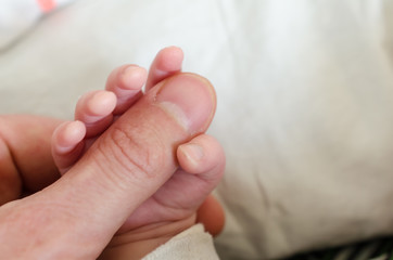 Hand of newborn baby holding male adults finger. Concept of help and family. Father holding hand.