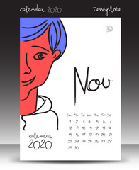 calendar for 2020, Lettering calendar, November 2020 template, hand-drawn cartoon vector illustration Can be used for postcard, gift card, banner, poster, card and printable