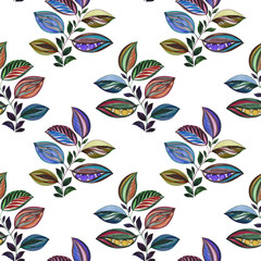 Seamless watercolor pattern. Drawn leaves for packaging, wallpaper, fabric. Watercolor painted leaves. Elegant leaves for art design. Abstract ornament of leaves. Colorful botanical pattern.