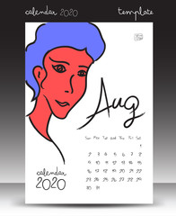 calendar for 2020, Lettering calendar, August 2020 template, hand-drawn cartoon vector illustration Can be used for postcard, gift card, banner, poster, card and printable