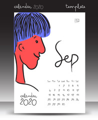calendar for 2020, Lettering calendar, September 2020 template, hand-drawn cartoon vector illustration Can be used for postcard, gift card, banner, poster, card and printable