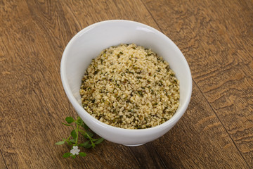 Peeled hemp seeds in the bowl