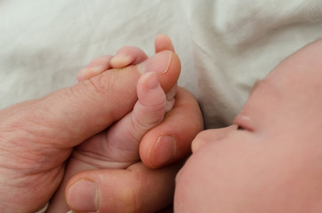 Hand of newborn baby holding male adults finger. Concept of help and family. Father holding hand.