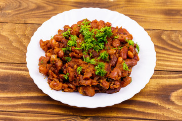Traditional georgian kidney beans dish lobio on wooden table