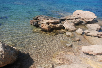 Calm seas and sunny skies at the Hamolia beach near the city of Athens. Vravrona region, Attica, Greece.