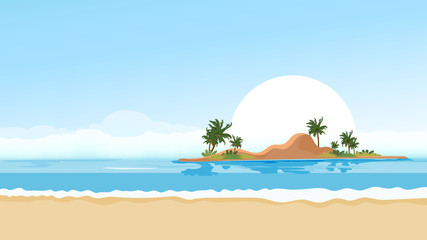 Fototapeta na wymiar Panorama view Tropical seascape of blue ocean and coconut palm tree on island, ,Panoramic Sea beach and sand with blue sky,Vector illustration flat style nature of landscape seaside for Summer holiday