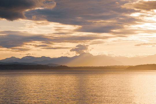 Olympic Mountains at sunset over Puget sound