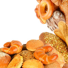 Bread and bakery products isolated on white. Collage.