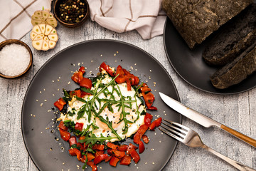 breakfast eggs fried vegetables spices bread concept healthy eat
