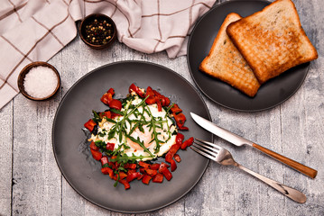 breakfast eggs fried vegetables spices toast  concept healthy eat
