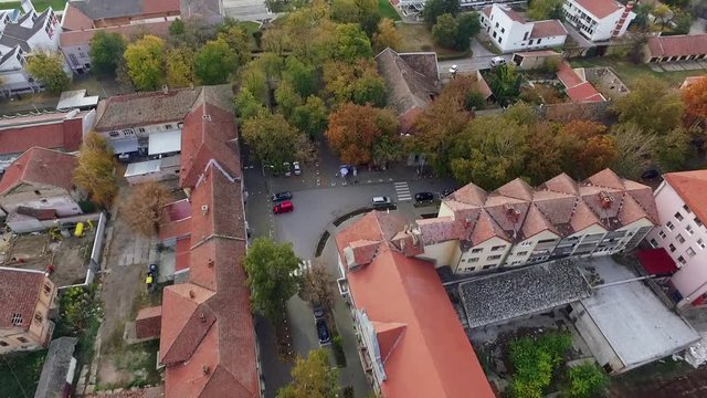  Novi Becej town houses and church from above.Aerial.Sebia. 2.7K. 2018