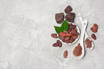 Top view on cocoa beans and powder with chocolate chunks for confectionery