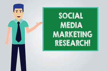 Handwriting text writing Social Media Marketing Research. Concept meaning Website online searching optimization Man with Tie Standing Talking Presenting Blank Color Square Board photo