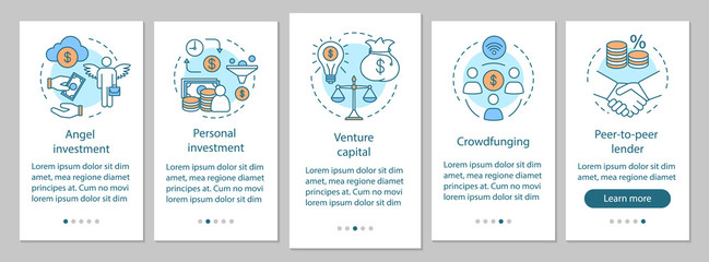 Naklejka premium Startup investment onboarding mobile app page screen with linear concepts