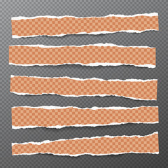 Set of torn, ripped, squared orange paper strips with soft shadow are on dark squared background. Vector template illustration