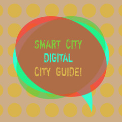 Obraz premium Writing note showing Smart City Digital City Guide. Business photo showcasing Connected technological modern cities Blank Speech Bubble photo and Stack of Transparent Circle Overlapping