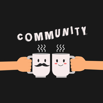 Conceptual hand writing showing Community. Business photo showcasing group living in same place or having characteristic in common Hu analysis hand Holding Male Female His and Hers Mugs icon