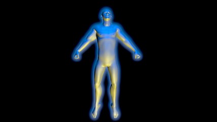 Man floating in space . Blue glow around body . 3d rendering