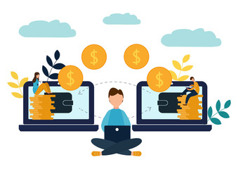 Vector illustration of financial transactions, money transfer. Electronic Wallets. Illustration in flat style.