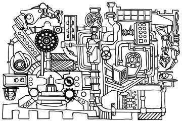 Vector pattern with abstract industry or steampunk background. Fantasy technology or factory illustration with decorative machine sketch elements and robotic arms. Hand drawn.