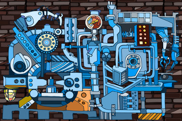 Vector seamless pattern with abstract industry or steampunk background. Fantasy technology or factory illustration with decorative machine sketch elements and robotic arms. Hand drawn.