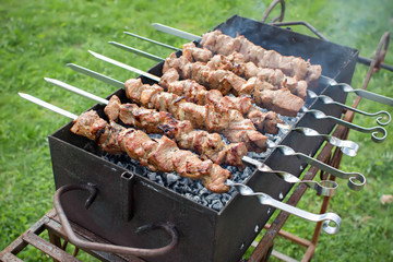 Shashlik pork on skewers.  Meat roasted on an open fire on the grill. Nature. Selective focus. 