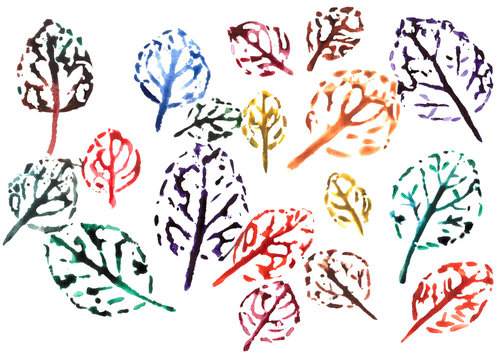 Watercolor prints of violet leaves. Original botanical illustration. The leaves are painted in different colors with watercolor and transferred to paper. Natural hand stamps.