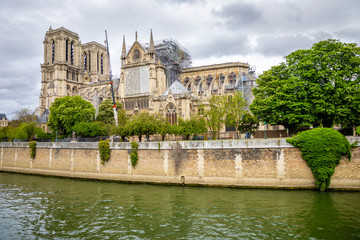 Obraz premium Notre Dame de Paris after fire. Reinforcement work in progress after the fire, to prevent the Cathedral to collapse, Paris