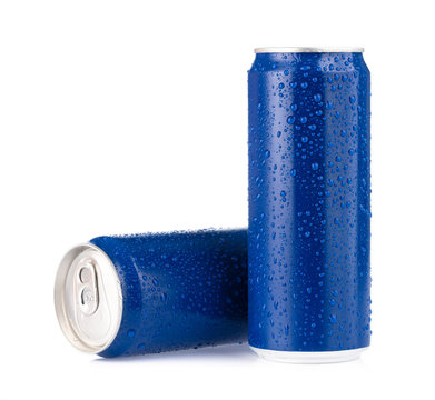 aluminum cans with fresh water drops isolated from white background.