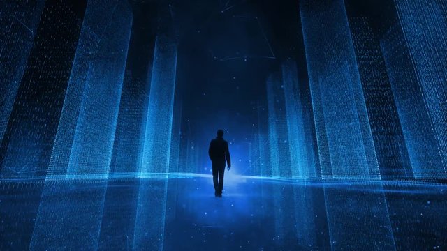 Businessman walks on digital computer cyberspace network road.