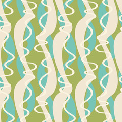 Colorful abstract streamers seamless pattern with wavy shapes and squiggly lines in moss green, turquoise, beige and white. Great for textiles, party decorations, fashion items and product packaging.