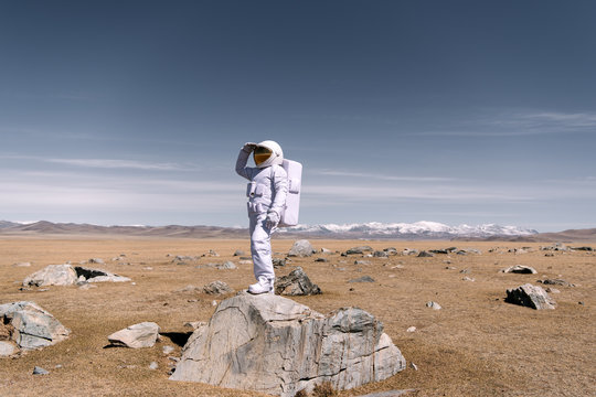 Astronaut standing on rock