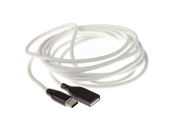 USB type c Data & Power Cable isolated on White Background. Close up