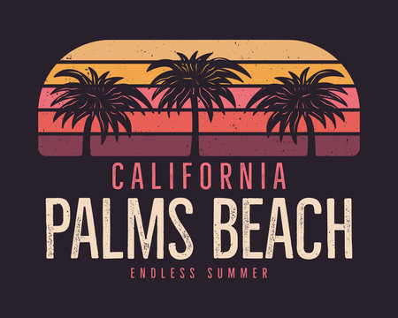 California Palms Beach Graphic for T-Shirt, prints. Vintage hand drawn 90s style emblem. Retro summer travel scene, unusual badge. Surfing Adventure Label. Stock vector.