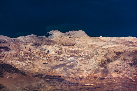 Aerial view of African desert and Red Sea