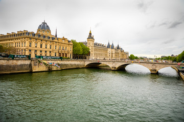 View of the Commercial Court of Paris and river Seine seen from Pont d'Arcole, France
