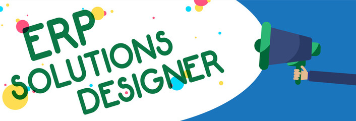 Writing note showing Erp Solutions Designer. Business photo showcasing elegant optimized modularised and reusable possible Symbols warning alarming speaker script announcement signal indication