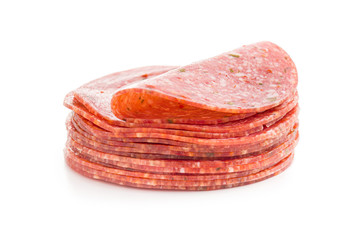 Salami smoked sausage slices with spice chili peppers.