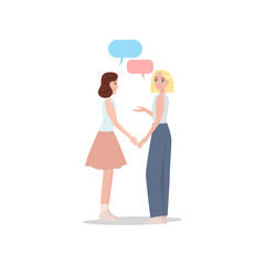 Two happy smiling girlfriends are talking about weather